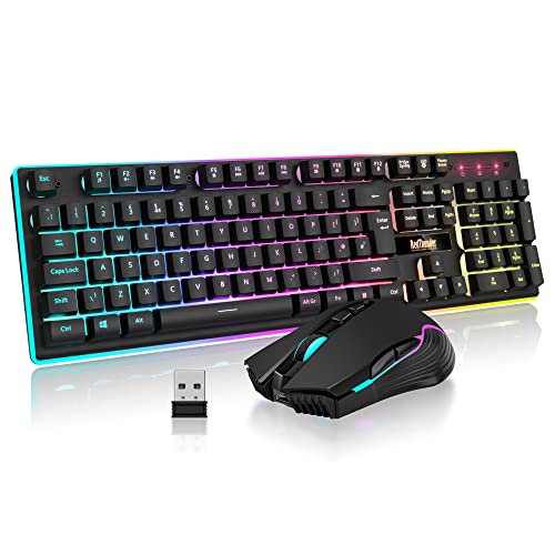 RedThunder K10 Wireless Gaming Keyboard and Mouse Combo, LED Backlit Rechargeable 3800mAh Battery, UK Layout Mechanical Feel Keyboard + 7D 3200DPI Mice for PC Gamer (Black) - Featured