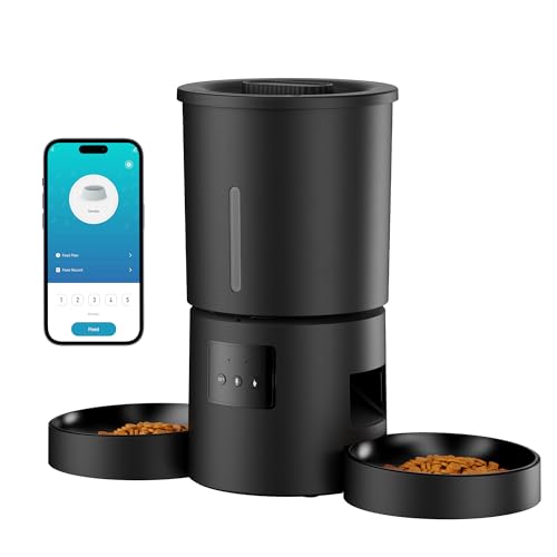 Automatic Cat Feeder with 2 Bowls: 5L Automatic Cat Feeder for 2 Cats with 2.4G WiFi & App Timer for Dry Food - AONBOY Dual Bowl Design for Mult Cats & Dogs - Black - Featured