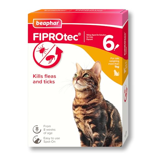 Beaphar - FIPROtec Spot-On Flea & Tick Treatment for Cats - 6 Pipettes - Kills Fleas & Ticks - Veterinary Medicine – Easy to Apply Monthly - For Cats & Kittens from 8 Weeks Old, Weighing Over 1kg - Featured