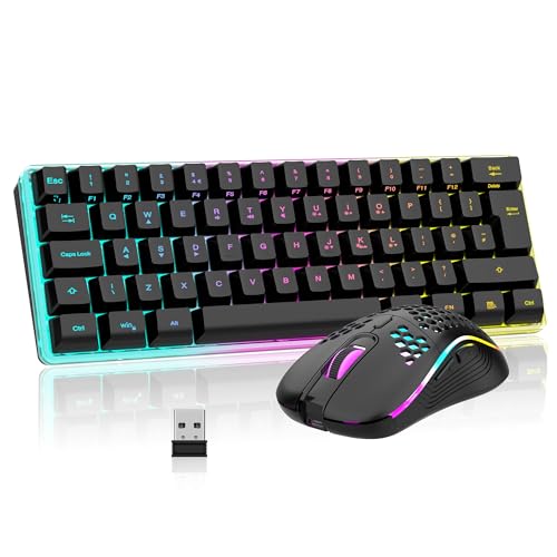 RedThunder K62 Wireless 60% RGB Gaming Keyboard and Mouse Combo, UK Layout 62 Keys Ultra Compact Backlit Mini Keyboard, Lightweight Cellular Optical Mouse, Portable Set for PC PS5 Xbox Gamers (Black) - Featured