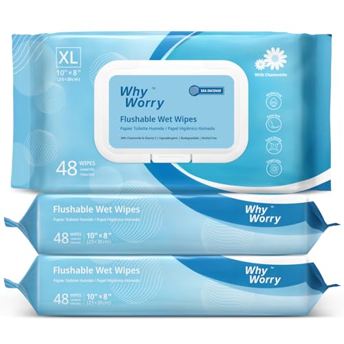 WhyWorry Flushable Wipes for Adults, Extra Large 20x25cm Flushable Toilet Wipe with Chamomile & Vitamin E, Moist Toilet Tissue, 100% Plant-Based, Septic & Sewer Safe, Sea Incense, Multipack 144 Count - Featured