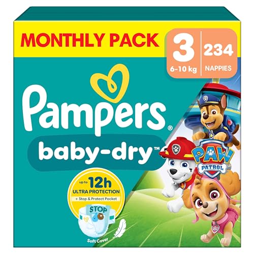 Pampers Baby-Dry Paw Patrol Edition Size 3, 234 Nappies, 6kg-10kg, Monthly Pack, Up to a 100% Leak-Free & Comfortable Night - Featured