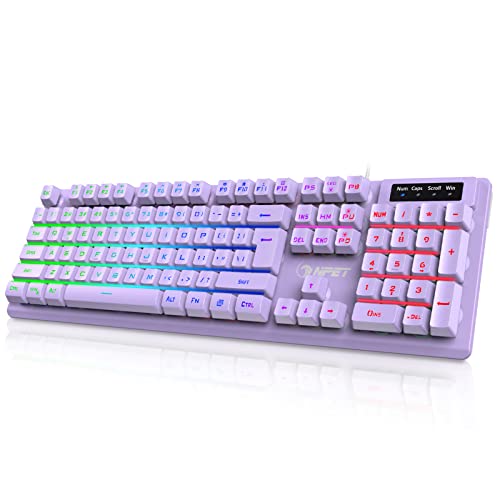NPET K10 Wired Gaming Keyboard, RGB Backlit, Spill-Resistant Design, Multimedia Keys, Quiet Silent USB Membrane Keyboard for Desktop, Computer, PC (Purple) - Featured
