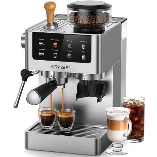 AIRMSEN Bean to Cup Coffee Machine - 20 Bar Espresso Machine with Grinder & Milk Frother, 10 Grinding Settings, 1.8L Removable Water Tank for Home - Featured