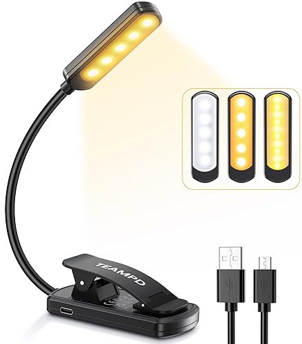 TEAMPD 10 LED Book Light, 3 Eye-Protecting Lightng Colours Reading Light, Adjustable Brightness, USB Rechargeable 12H Battery Life, Flexible Clip on Book Light for Reading, Painting,Travel - Featured