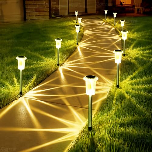 Gorrzai Solar Lights Outdoor 10 Pack Solar Pathway Lights Outdoor LED Waterproof Stainless Steel Driveway Lighting for Outdise, Yard, Walkway, Sidewalk, Garden, Lawn (Warm White) - Featured