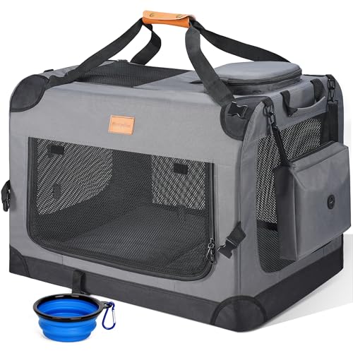 Morpilot Large Dog & Cat Carrier | Soft-Sided Pet Travel Crate, Foldable Dog Car Crate, with Collapsible Bowl, Shoulder Strap & Storage Pockets, M, Grey, (Max 12kg) - Featured