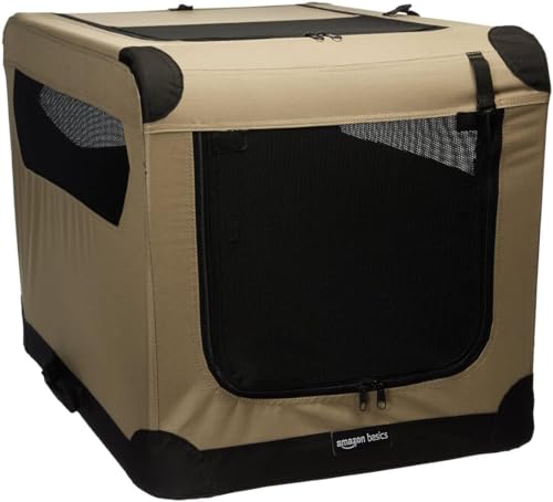 Amazon Basics 2-Doors Portable Soft-Sided Folding Travel Crate Kennel for cat, dog, and other small animals, Tan, M 76 cm x 54 cm x 54 cm - Featured