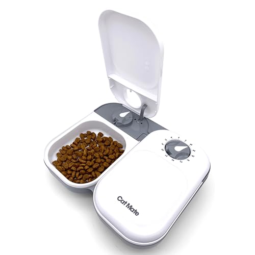 Cat Mate C200 Automatic 2 Meal Timer-Controlled Pet Feeder (401) - For Cats and Small Dogs, Includes Ice Pack for Wet and Dry Food, Meals up to 400 g Each, White - Featured