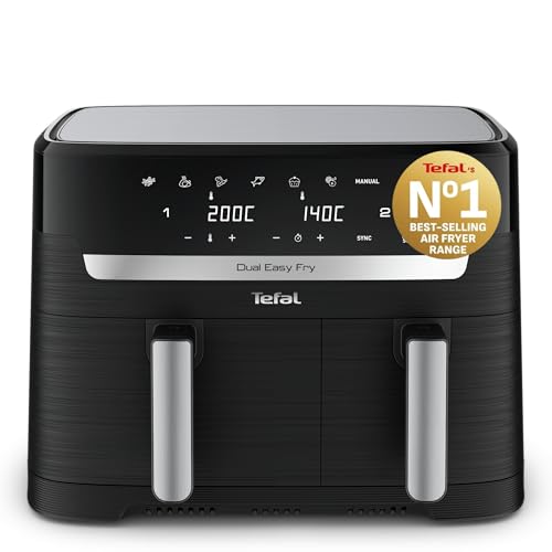 Tefal Easy Fry Dual Zone Digital Air Fryer, 2 Drawers, 8.3L, 8in1, Air Fry, Extra Crisp, Roast, Bake, Reheat, Dehydrate, 6 Portions, Non-Stick, Dishwasher Safe Baskets, Black & Metal EY901840 - Featured