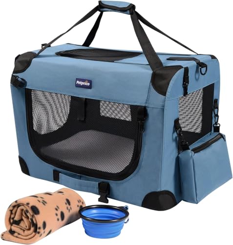 Petprsco Portable Collapsible Dog Crate, Travel Dog Crate 60x42x42cm with Soft Warm Blanket and Foldable Bowl for Large Cats & Small Dogs Indoor and Outdoor - Featured